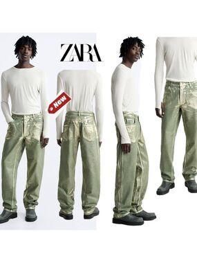 Zara relaxed fit olive army green metallic gold foil denim jeans Sz 29 NWT